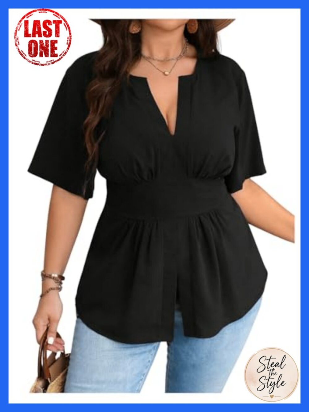 Plus Size V Neck Peplum Blouse Short Sleeve Ruffle Hem Top